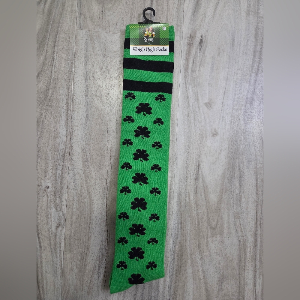 Green and Black Clover Thigh High Socks From Spencer's